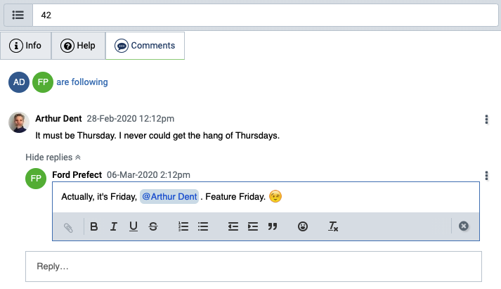 A Comment Thread in TaskTrain with followers, a reply that mentions an Account, and the formatting toolbar