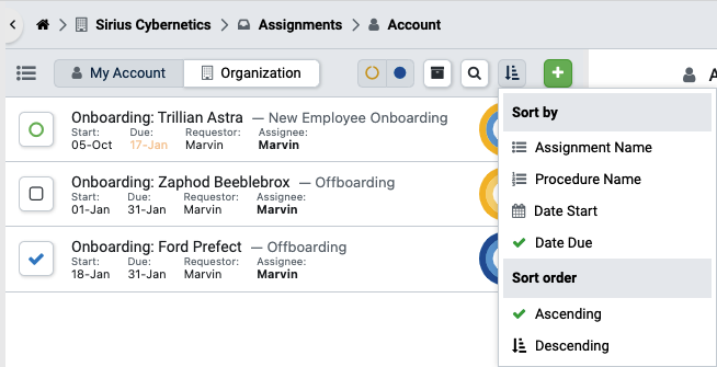 Assignment List sort menu: Assignment Name, Procedure Name, Date Start or Date Due, ascending or descending