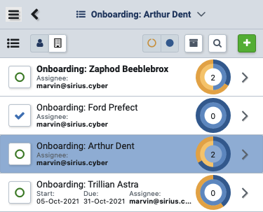Assignment List on a phone, showing Onboarding Assignments with their assignees and progress