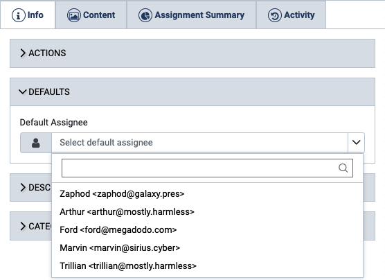 Default Assignee menu open in a Procedure's Info tab