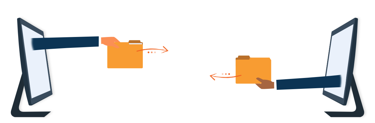 Illustration of a document handed from one computer screen to another