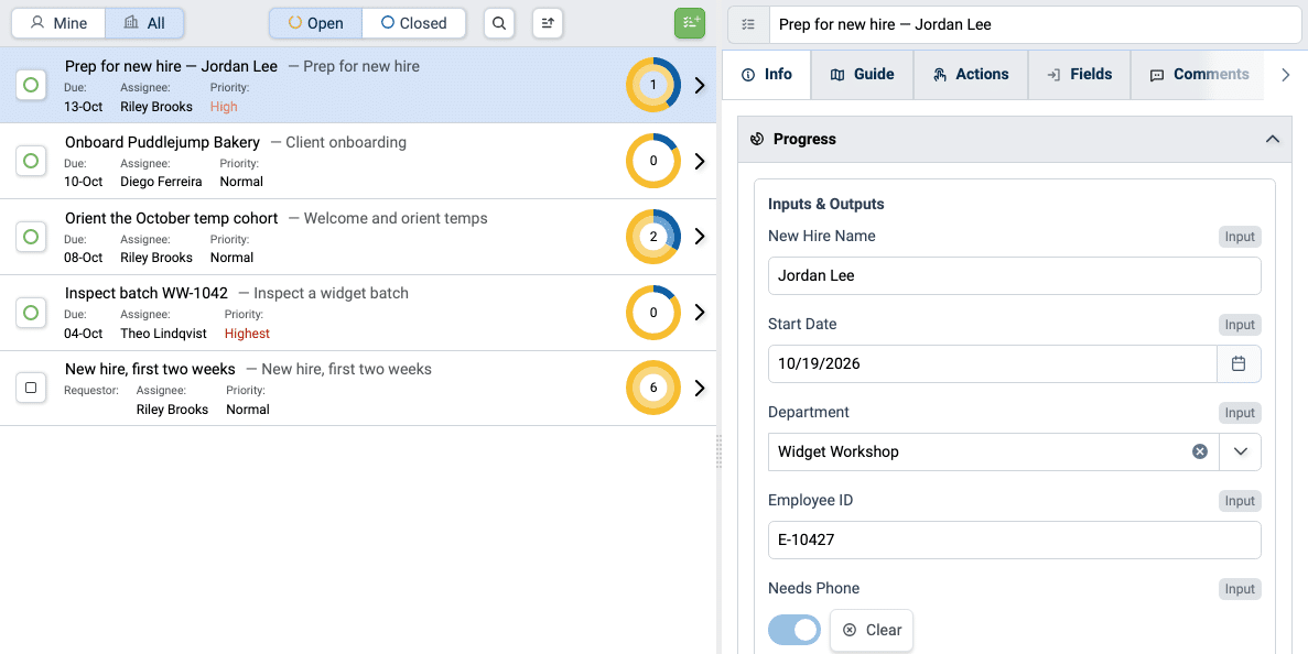 Form fields on a TaskTrain assignment: name, start date, department, employee ID and a phone toggle