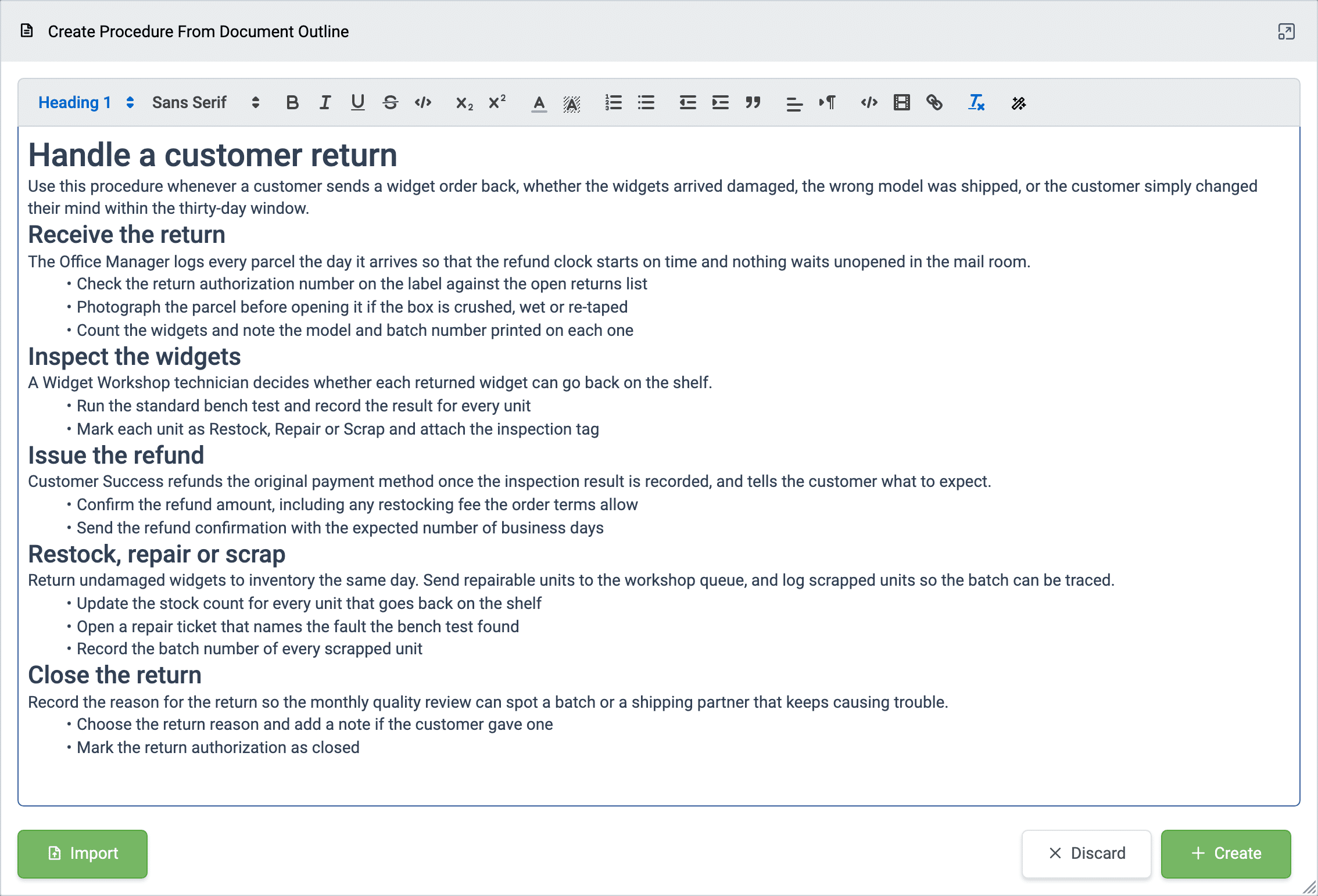 Creating a TaskTrain procedure from a pasted document outline