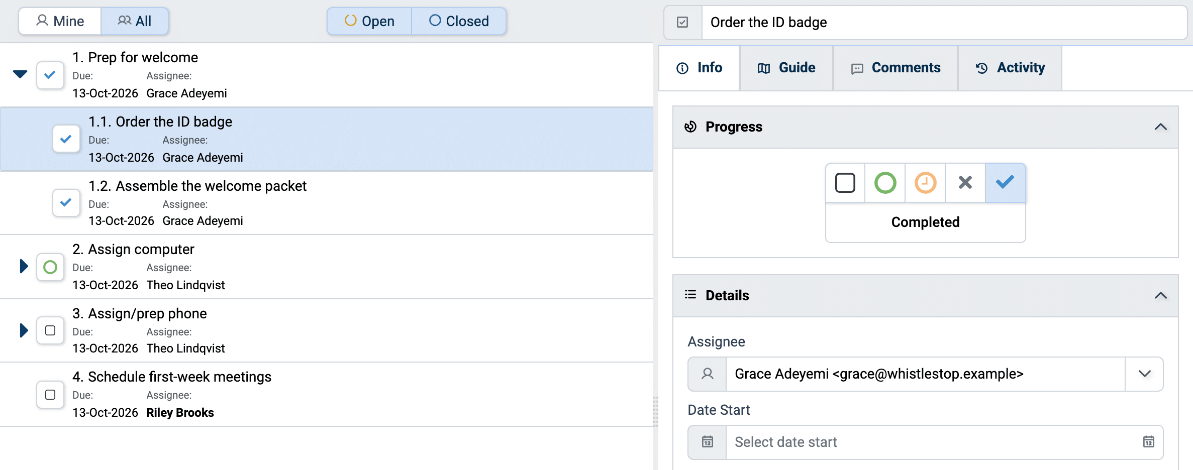 An assignment's tasks in TaskTrain, each with its own assignee and due date